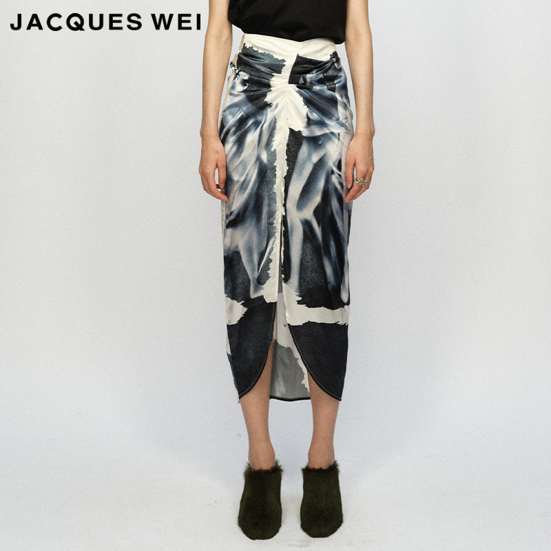 蓝墨女人体褶皱开衩半裙