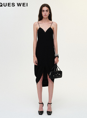 JACQUES WEI 设计师官方店2023SS春夏新款新品黑色吊带开衩连衣裙