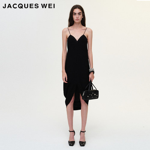 JACQUESWEI黑色吊带开衩连衣裙