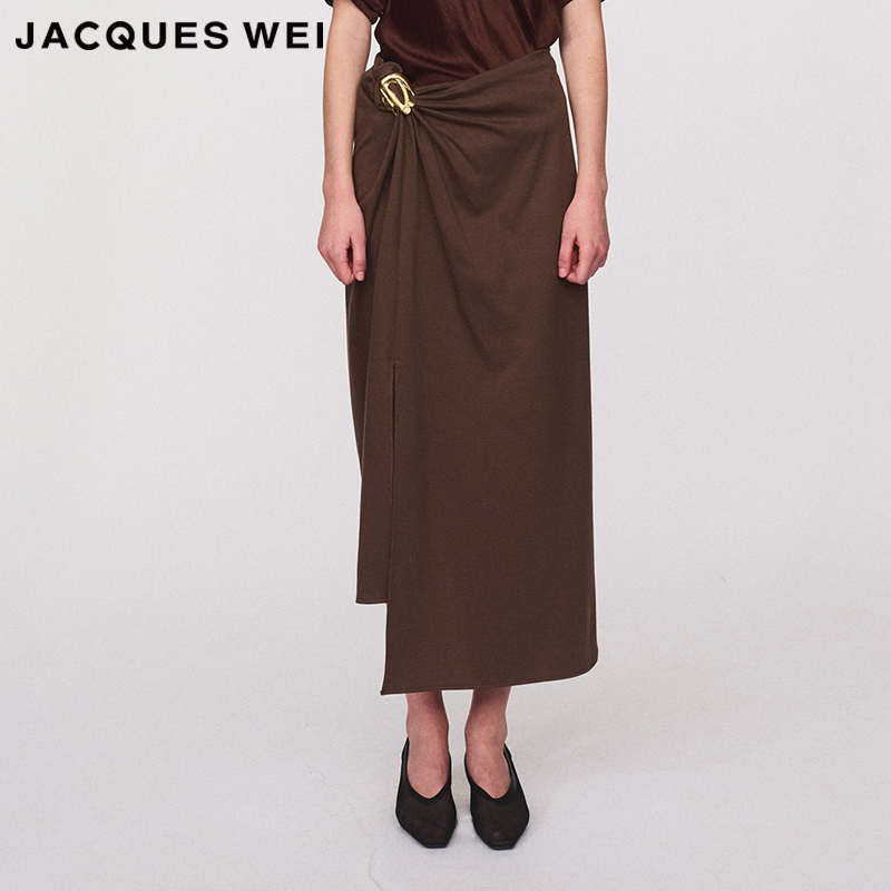 JACQUES WEI 设计师2024SS春夏新款深棕黄铜扣裙子女设计感小众