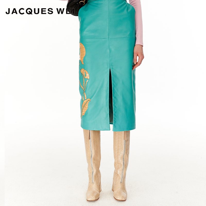 JACQUESWEI马蹄莲镂空拼皮半裙