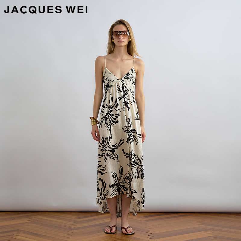 JACQUES WEI 2025夏季PF银标系列黑白花卉抽褶度假感吊带连衣裙