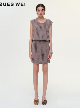 JACQUESWEI设计师官方店2023SS春夏新款古典灰雪尼尔水晶钉珠毛衣