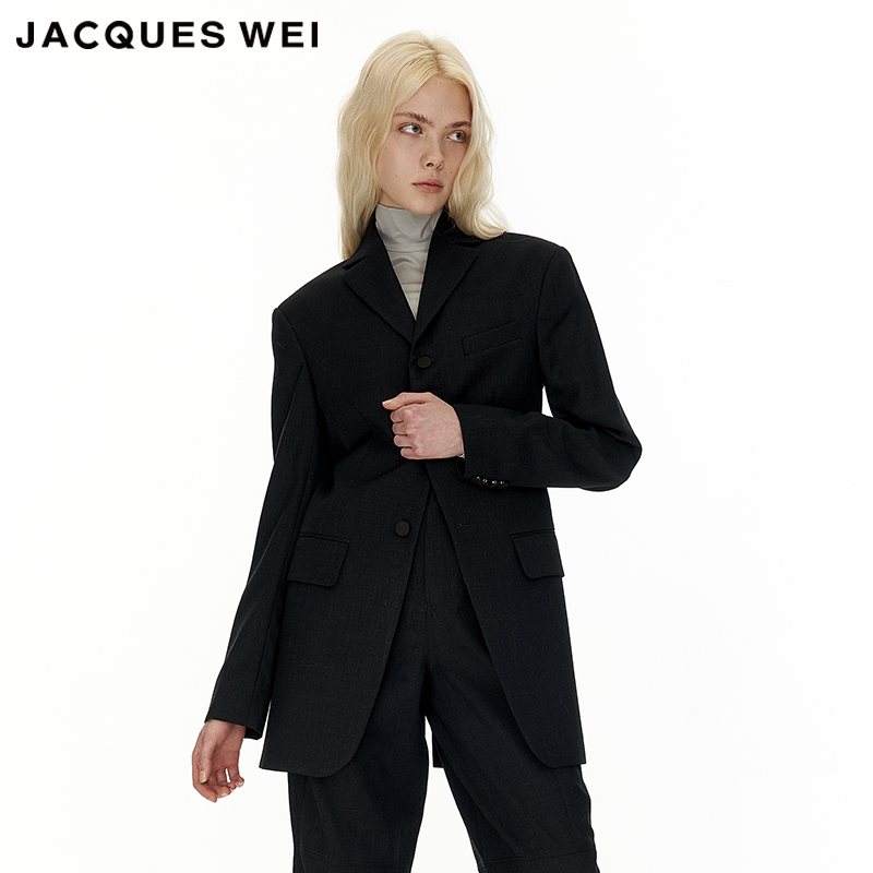 藏蓝色马蹄莲马毛切片拼贴西服