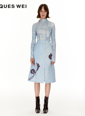 JACQUES WEI设计师官方店2022aw灰蓝色油画马蹄莲印花半裙