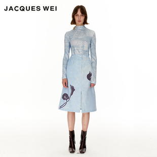 JACQUES WEI设计师官方店2022aw灰蓝色油画马蹄莲印花半裙