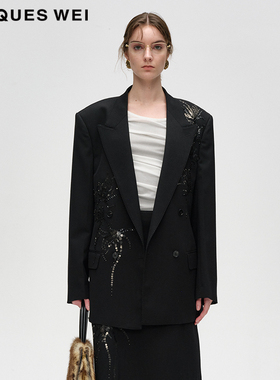 JACQUES WEI 设计师官方店2024AW秋冬黑色手工亮片羊毛西装外套