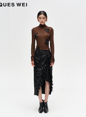 JACQUES WEI 设计师官方店2024AW秋冬新款黑色缎面荷叶边拼接半裙