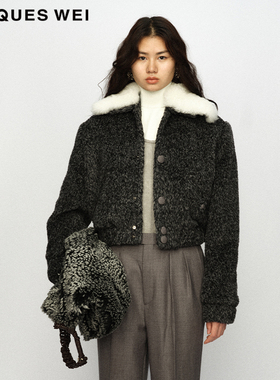 JACQUESWEI官方店2023AW冬深灰色羊皮毛领短夹克