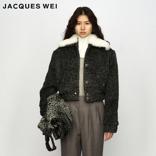 JACQUESWEI官方店2023AW冬深灰色羊皮毛领短夹克
