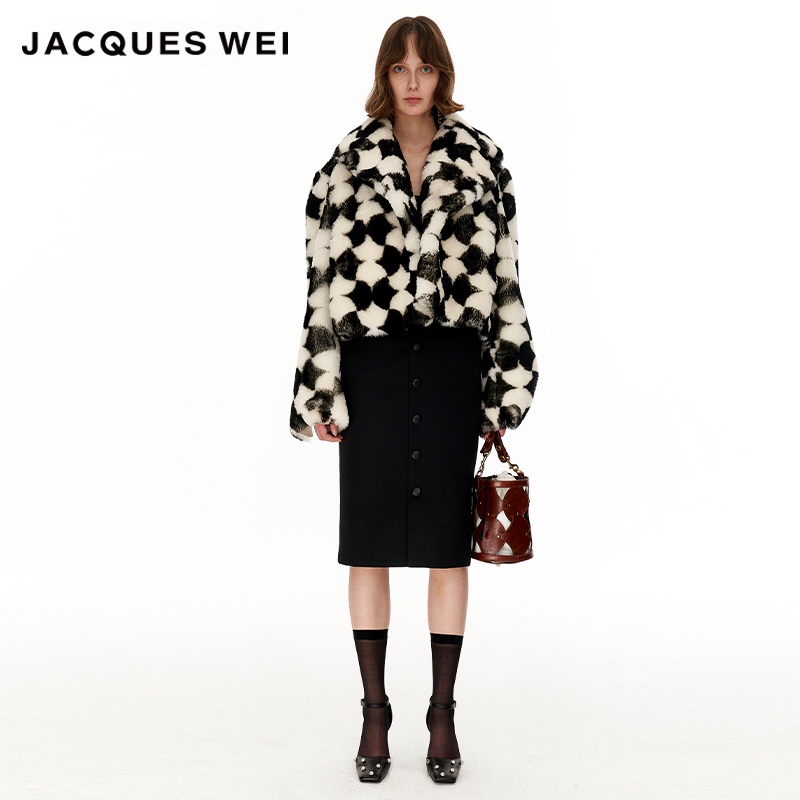 JACQUESWEI羊皮毛黑白印花夹克