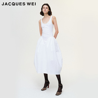 JACQUESWEI官方店2023SS吊带鱼骨抽褶花朵连衣裙