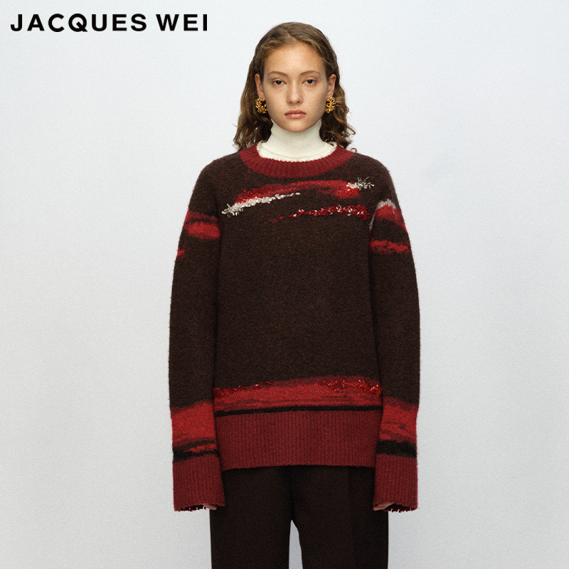 红色刺绣钉珠针织毛衣