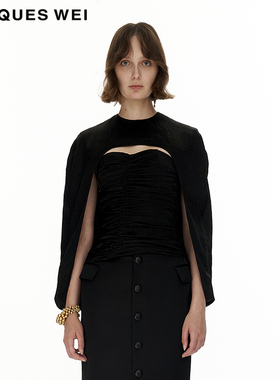 JACQUES WEI设计师官方店 2022新款 黑色乱褶可拆卸斗篷上衣