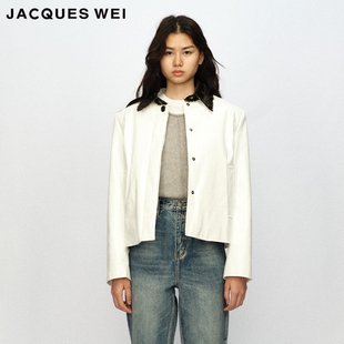 WEI JACQUES 官方店2023AW秋冬白色漆皮毛领短夹克 羊皮毛一体