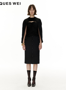 JACQUES WEI设计师官方店 2022新款 黑色廓形感厚缎半裙