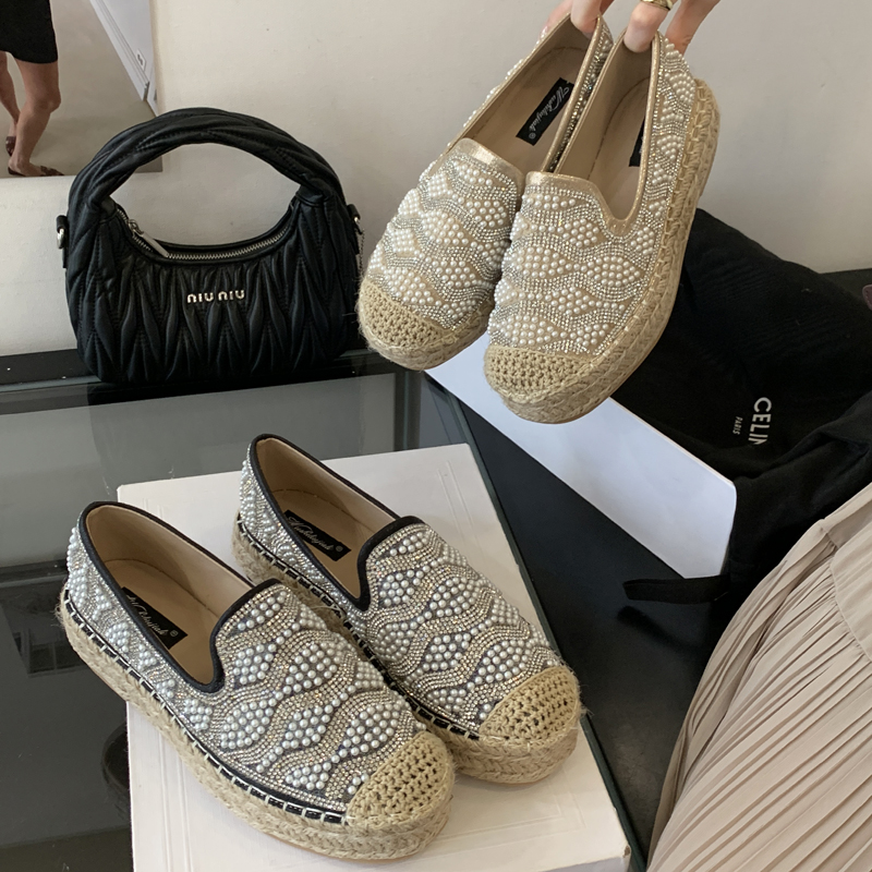 乐福鞋水钻厚底增高单鞋女渔夫鞋