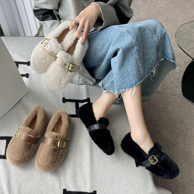 懒人鞋厚底豆豆鞋毛毛鞋加绒棉鞋