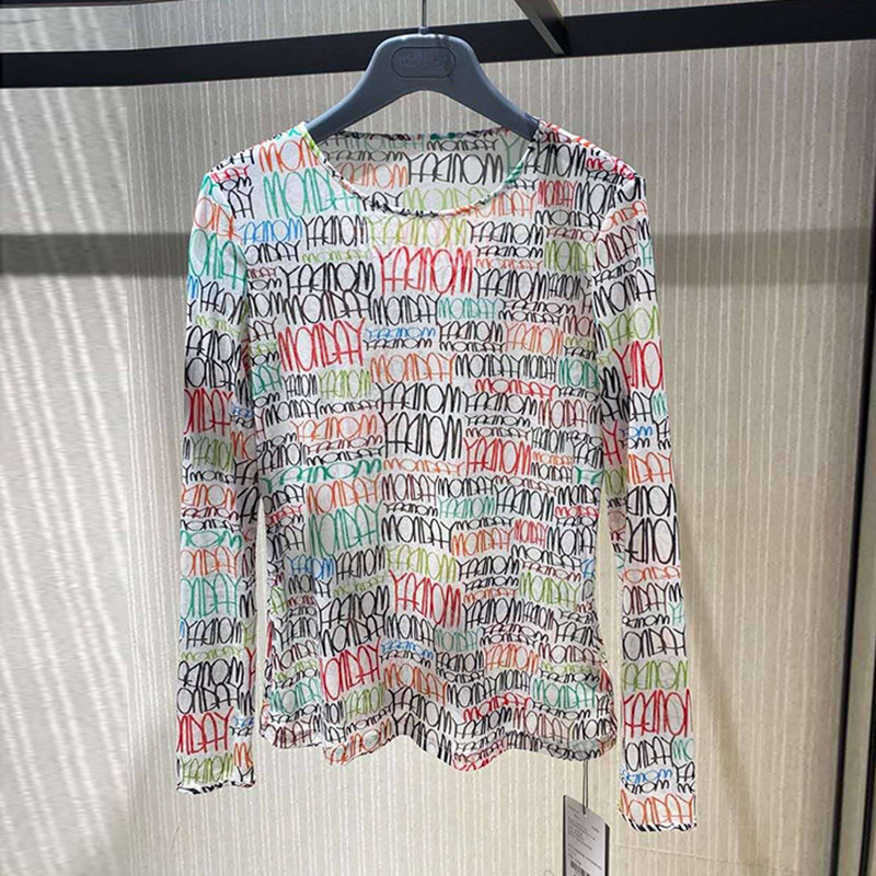 阿玛施旗舰店官网2020夏新款百搭修身长袖网纱T恤打底衫炫雅女装