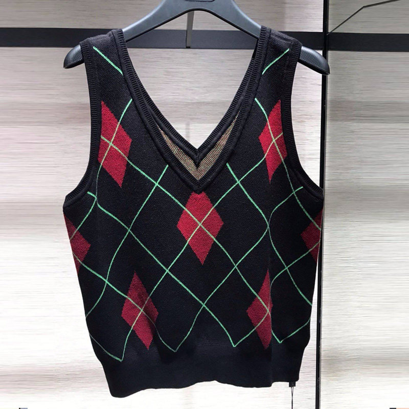 阿瑪施旗舰店官网2020秋新款女装V领格子无袖针织背心马甲女外穿