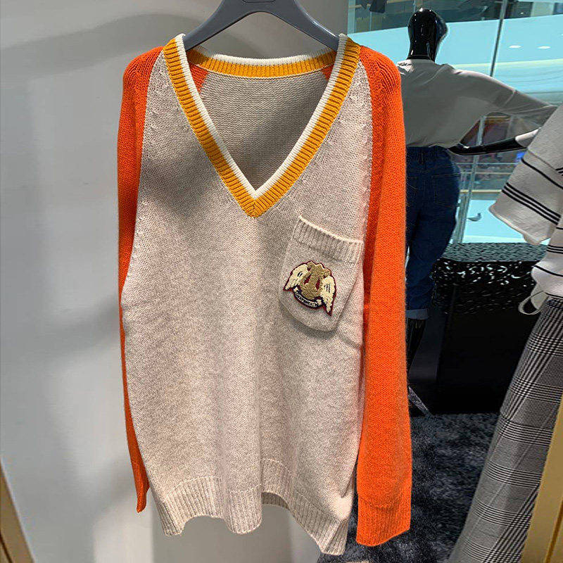 阿瑪施女装旗舰店官网2020秋冬新款拼色v领针织毛衣时尚百搭上衣