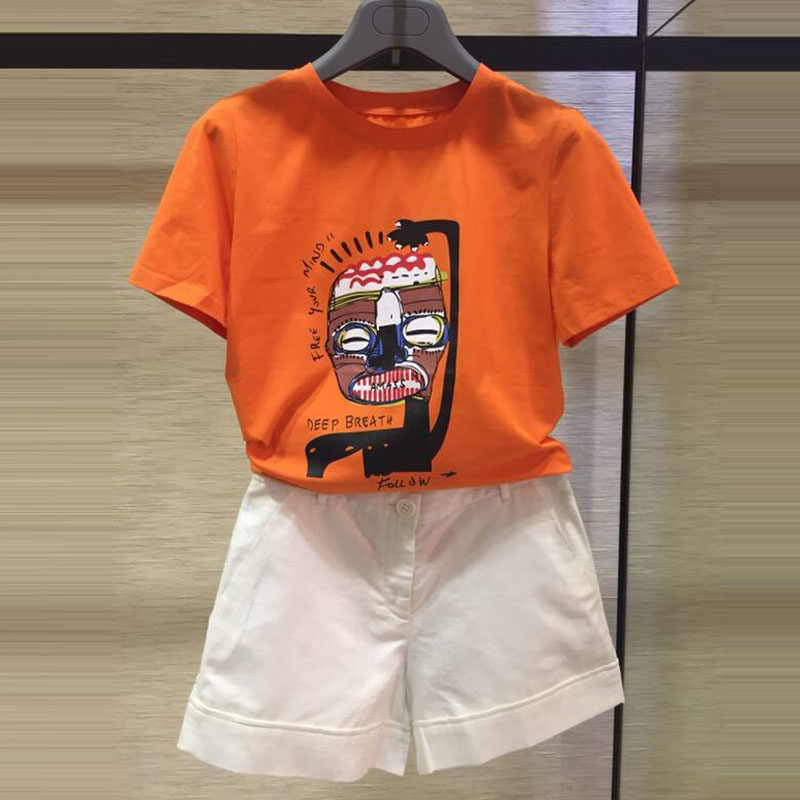 阿瑪施旗舰店官网2020夏装新款印花桔色t恤女短袖搞怪卡通上衣潮
