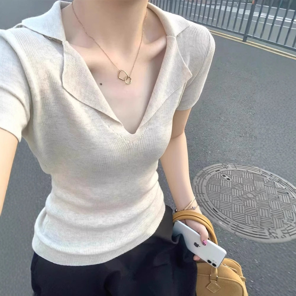 法式v领老钱风短袖女正肩修身t恤夏季休闲翻领冰丝针织polo衫上衣