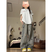 直筒拖地长裤 美式 子 新款 宽松大码 复古小狗刺绣阔腿牛仔裤 女春秋季