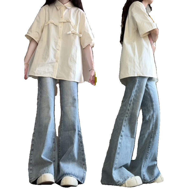 浅蓝色微喇牛仔裤女春秋新款大码胖mm小个子高腰宽松阔腿马蹄裤子