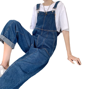 牛仔背带裤女装宽松直筒新款连体裤秋冬大码高街阔腿长裤子潮ins
