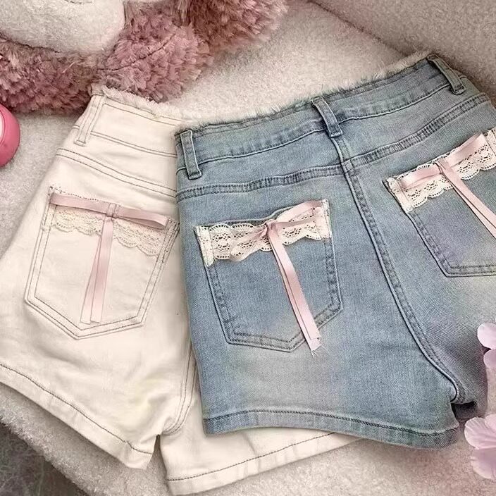 蕾丝蝴蝶结牛仔短裤女夏季新款高腰大码胖mm小个子显瘦辣妹热裤