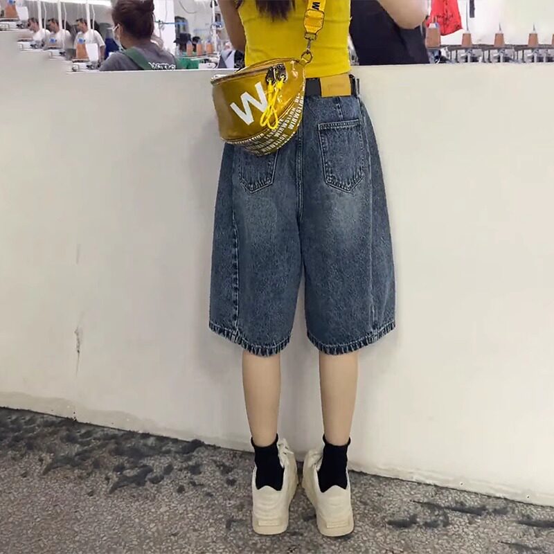 夏季薄款阔腿直筒五分牛仔中裤女图片