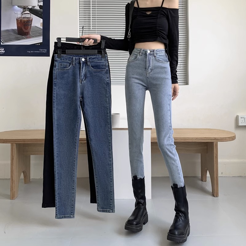 高腰显瘦牛仔裤紧身长裤女秋冬大码新款修身小脚裤复古铅笔裤子潮