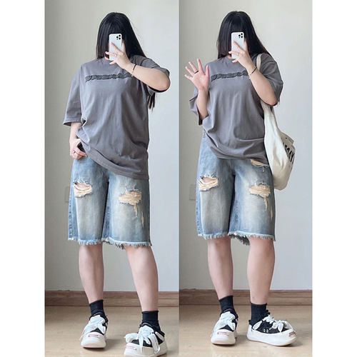夏季新款微胖mm破洞牛仔短裤女