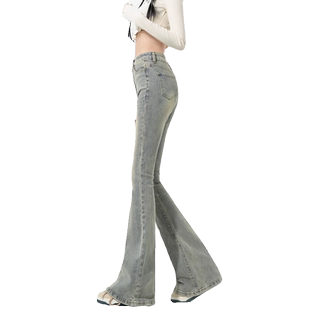 美式水洗黄泥染微喇牛仔裤女秋冬新款高腰做旧复古喇叭拖地裤子潮