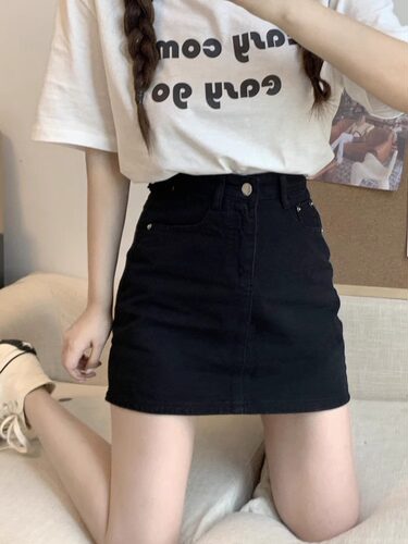 黑色牛仔短裙女夏季a字半身裙子