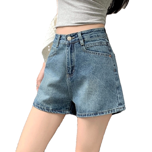 夏季新款美式复古牛仔短裤女宽松遮胯高腰大码阔腿显瘦A字热裤子