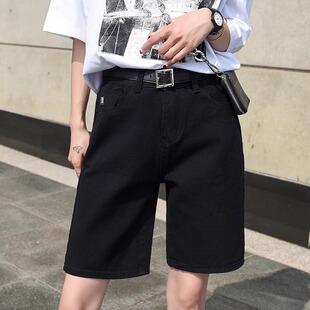 显瘦阔腿五分牛仔裤 黑色直筒牛仔中裤 高腰宽松大码 新款 女2025夏季