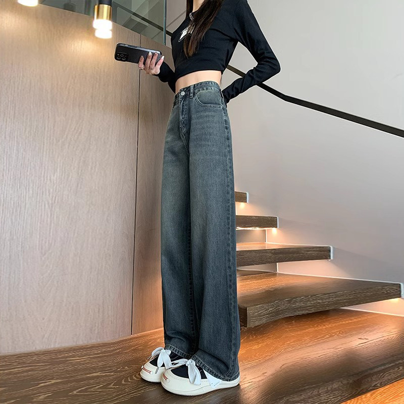 秋冬新款水泥灰牛仔裤女阔腿裤