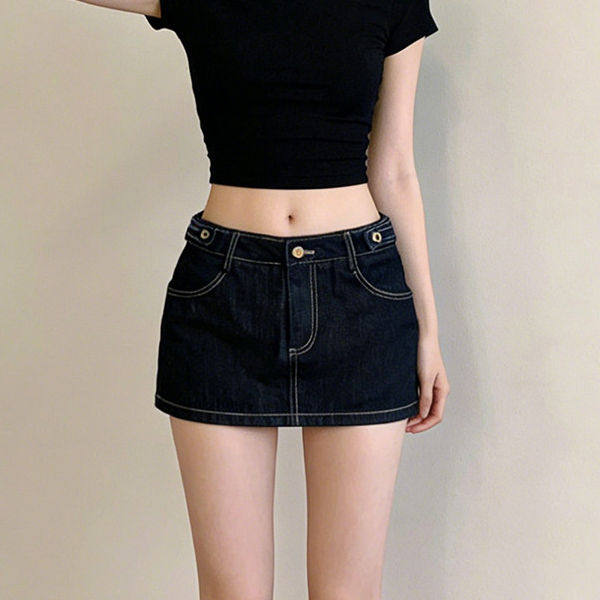 深蓝色拉链设计牛仔半身裙女夏季新款修身显瘦防走光a字包臀短裙