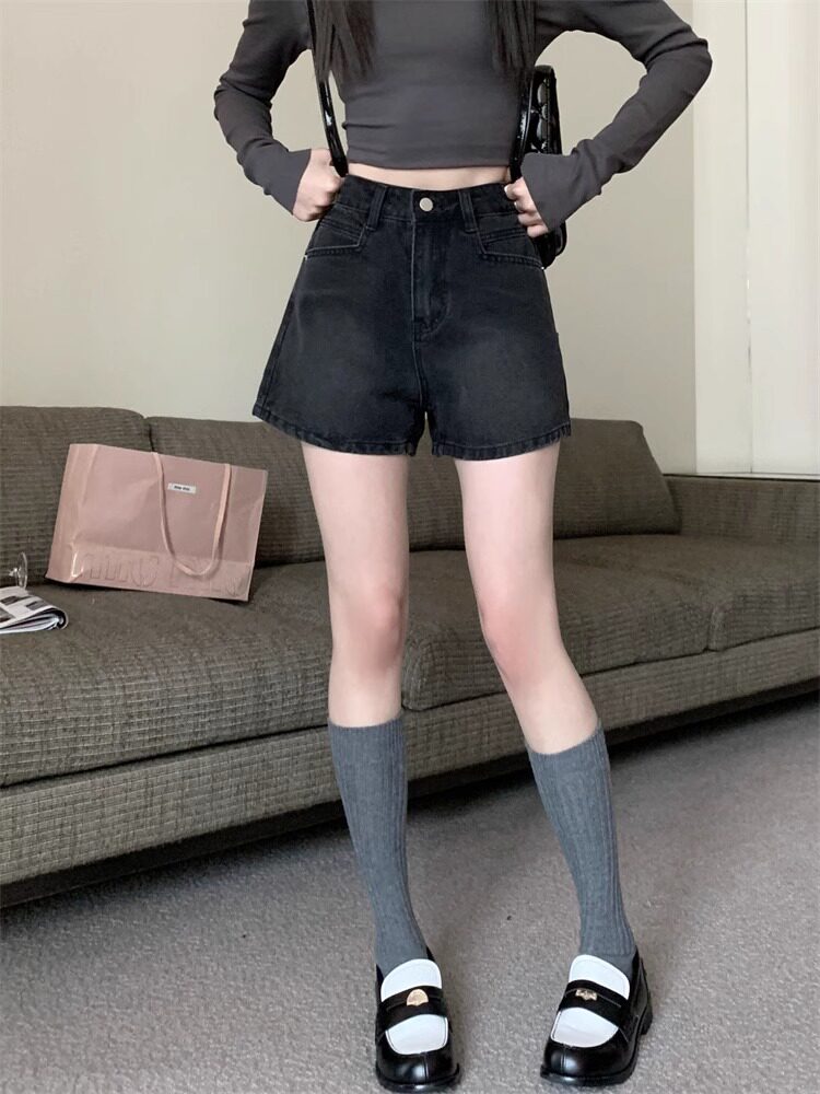 美式黑灰色牛仔短裤女夏季新款辣妹小众大码显瘦小个子a字热裤子