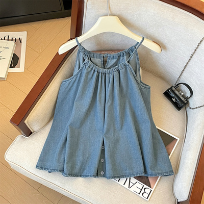 设计感系绳可调节挂脖牛仔吊带背心女夏季新款纯欲风露肩无袖上衣