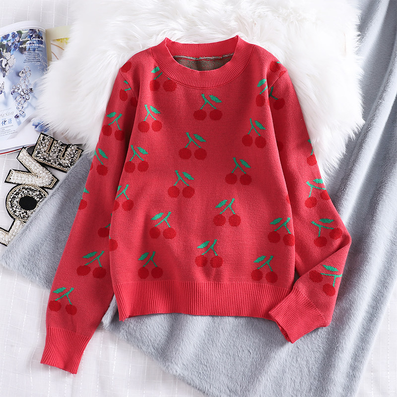 甜美套头毛衣女早秋新款韩版宽松樱桃粉色圆领慵懒风针织打底衫薄