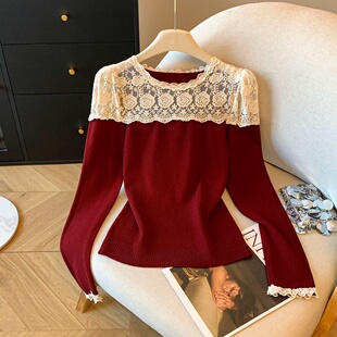 法式小香风蕾丝拼接长袖毛衣女秋冬季独特别致内搭羊绒针织打底衫