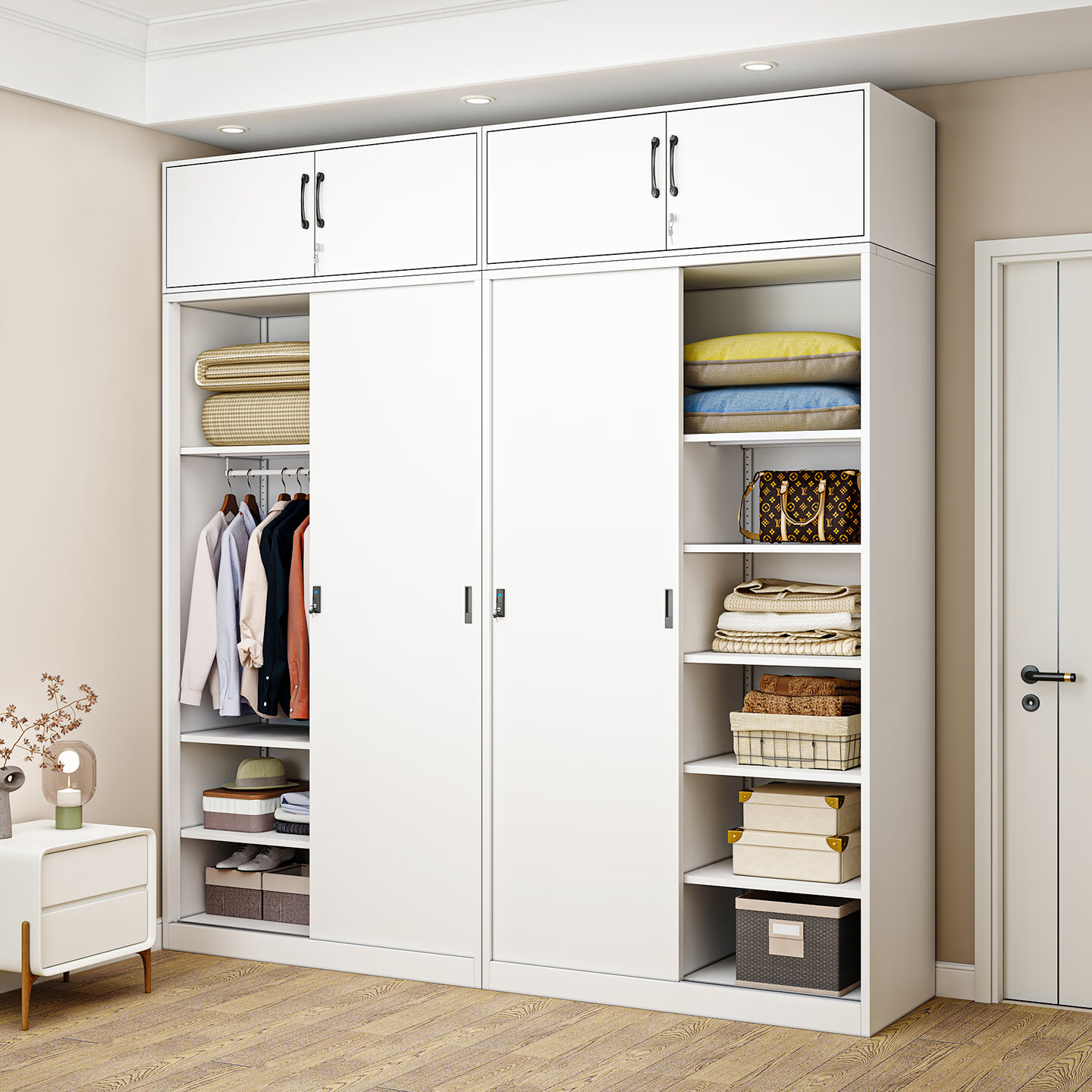 家用推拉移门衣柜卧室衣柜金属简易组装大衣橱儿童铁皮衣柜