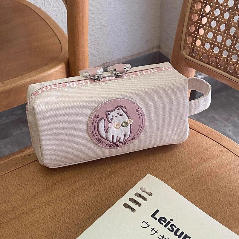 手提樱花粉色小猫帆布笔袋女生大容量文具盒初高中学生绿色铅笔盒