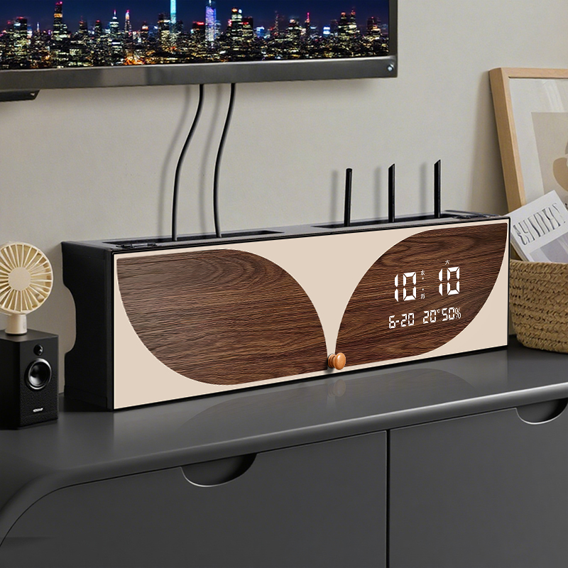 电子时钟免打孔上墙路由器收纳盒