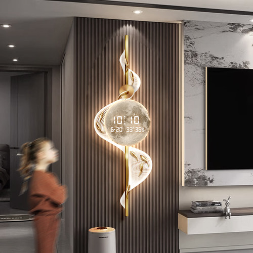 九鱼图客厅挂钟2024新款创意电子时钟壁灯画格栅背景墙数显屏钟表