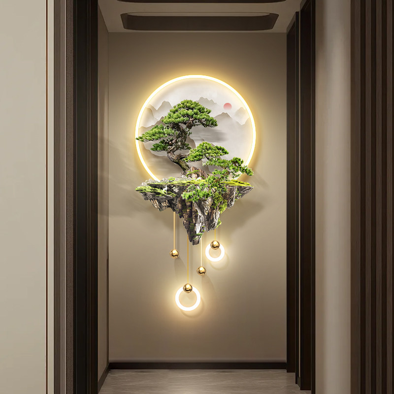 玄关装饰画过道走廊尽头3d立体挂画浮雕新中式山水led客厅壁灯画