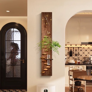 复古风装饰画带钟表电视背景墙水培绿植壁画格栅装饰挂件时钟画